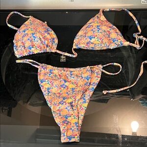 Floral Triangle String Bikini Set - Yellow & Blue